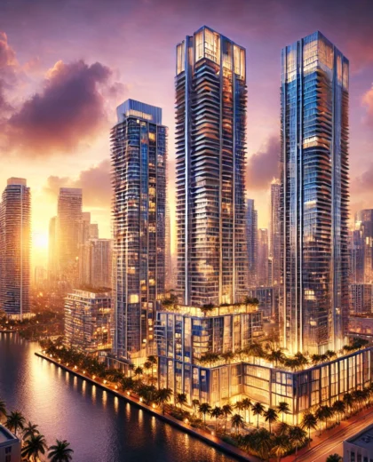 DALL·E 2024-12-15 00.25.19 - A luxurious Miami skyline at sunset, featuring high-rise skyscrapers with a modern, sleek architectural design. The buildings have reflective glass fa