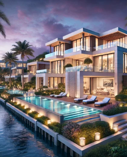 DALL·E 2024-12-15 00.25.21 - An elegant waterfront view of Miami luxury real estate featuring modern villas with sleek architecture, infinity pools, and lush tropical landscaping