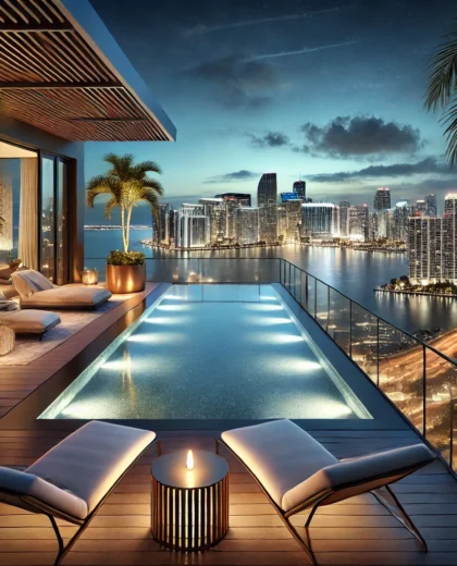 DALL·E 2024-12-15 00.25.32 - A luxurious rooftop view of a high-end Miami condominium overlooking Biscayne Bay at night. The rooftop features a chic infinity pool, designer lounge