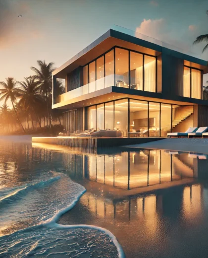 DALL·E 2024-12-15 00.29.32 - A serene Miami beachfront property at sunrise, showcasing a luxurious modern villa with large glass windows, a minimalist infinity pool, and soft gold