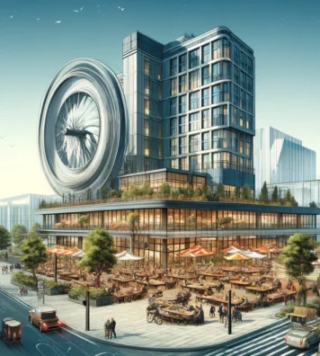 DALL·E-2024-04-15-02.31.30-Create-an-illustration-of-a-modern-building-inspired-by-a-spinning-wheel-with-a-theme-of-meals-and-food.-The-architecture-of-the-building-should-be-s